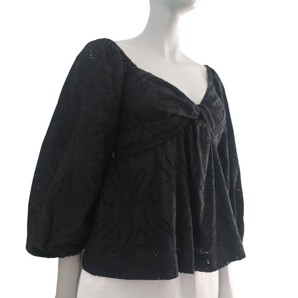 Banana Republic Puffy Sleeve Black Top Small Deep V Neck Flirty Cotton Like New - Picture 4 of 13